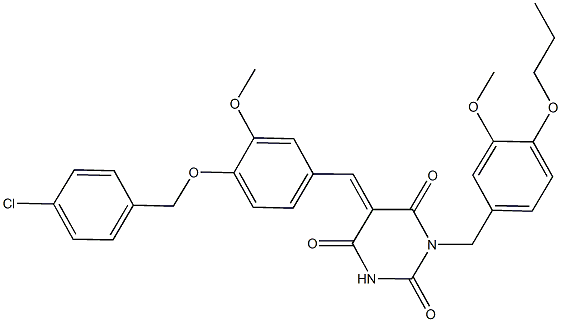 5-{4-[(4-chlorobenzyl)oxy]-3-methoxybenzylidene}-1-(3-methoxy-4-propoxybenzyl)-2,4,6(1H,3H,5H)-pyrimidinetrione 结构式