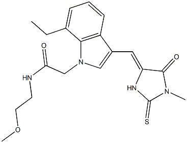 2-{7-ethyl-3-[(1-methyl-5-oxo-2-thioxo-4-imidazolidinylidene)methyl]-1H-indol-1-yl}-N-(2-methoxyethyl)acetamide 结构式