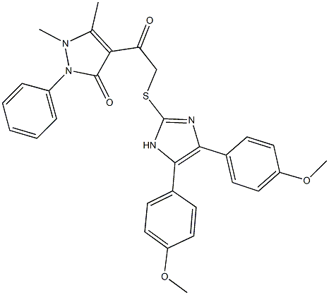 4-({[4,5-bis(4-methoxyphenyl)-1H-imidazol-2-yl]sulfanyl}acetyl)-1,5-dimethyl-2-phenyl-1,2-dihydro-3H-pyrazol-3-one 结构式