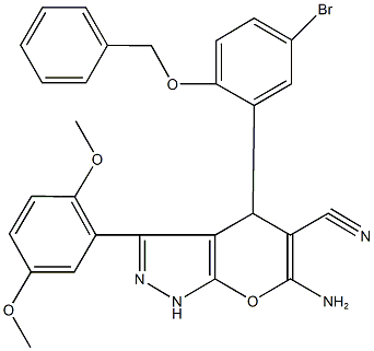 6-amino-4-[2-(benzyloxy)-5-bromophenyl]-3-(2,5-dimethoxyphenyl)-1,4-dihydropyrano[2,3-c]pyrazole-5-carbonitrile 结构式