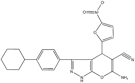 6-amino-3-(4-cyclohexylphenyl)-4-{5-nitro-2-furyl}-1,4-dihydropyrano[2,3-c]pyrazole-5-carbonitrile 结构式