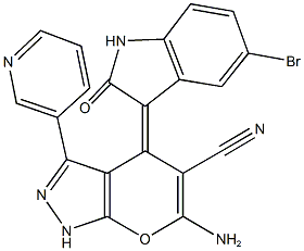 6-amino-4-(5-bromo-2-oxo-1,2-dihydro-3H-indol-3-ylidene)-3-(3-pyridinyl)-1,4-dihydropyrano[2,3-c]pyrazole-5-carbonitrile 结构式