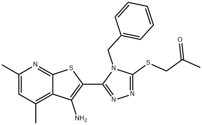 1-{[5-(3-amino-4,6-dimethylthieno[2,3-b]pyridin-2-yl)-4-benzyl-4H-1,2,4-triazol-3-yl]sulfanyl}acetone 结构式