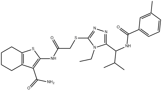 2-({[(4-ethyl-5-{2-methyl-1-[(3-methylbenzoyl)amino]propyl}-4H-1,2,4-triazol-3-yl)sulfanyl]acetyl}amino)-4,5,6,7-tetrahydro-1-benzothiophene-3-carboxamide 结构式