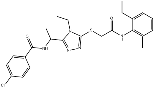 4-chloro-N-[1-(4-ethyl-5-{[2-(2-ethyl-6-methylanilino)-2-oxoethyl]sulfanyl}-4H-1,2,4-triazol-3-yl)ethyl]benzamide 结构式