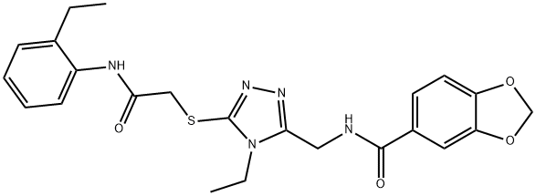 N-[(4-ethyl-5-{[2-(2-ethylanilino)-2-oxoethyl]sulfanyl}-4H-1,2,4-triazol-3-yl)methyl]-1,3-benzodioxole-5-carboxamide 结构式