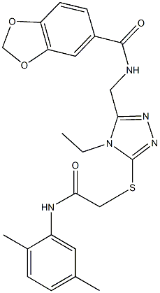 N-[(5-{[2-(2,5-dimethylanilino)-2-oxoethyl]sulfanyl}-4-ethyl-4H-1,2,4-triazol-3-yl)methyl]-1,3-benzodioxole-5-carboxamide 结构式