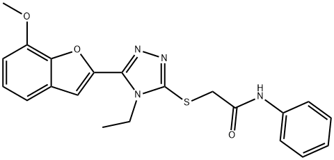 2-{[4-ethyl-5-(7-methoxy-1-benzofuran-2-yl)-4H-1,2,4-triazol-3-yl]sulfanyl}-N-phenylacetamide 结构式