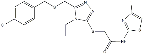 2-[(5-{[(4-chlorobenzyl)sulfanyl]methyl}-4-ethyl-4H-1,2,4-triazol-3-yl)sulfanyl]-N-(4-methyl-1,3-thiazol-2-yl)acetamide 结构式