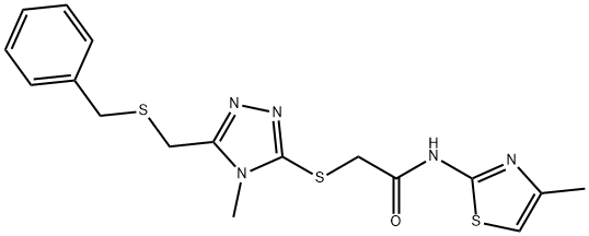 2-({5-[(benzylsulfanyl)methyl]-4-methyl-4H-1,2,4-triazol-3-yl}sulfanyl)-N-(4-methyl-1,3-thiazol-2-yl)acetamide 结构式