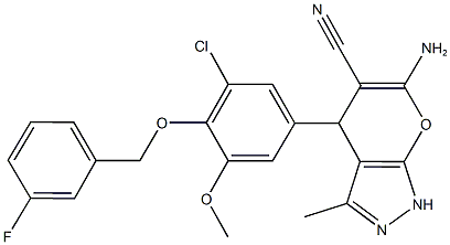 6-amino-4-{3-chloro-4-[(3-fluorobenzyl)oxy]-5-methoxyphenyl}-3-methyl-1,4-dihydropyrano[2,3-c]pyrazole-5-carbonitrile 结构式