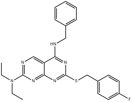 N-benzyl-N-{7-(diethylamino)-2-[(4-fluorobenzyl)sulfanyl]pyrimido[4,5-d]pyrimidin-4-yl}amine 结构式