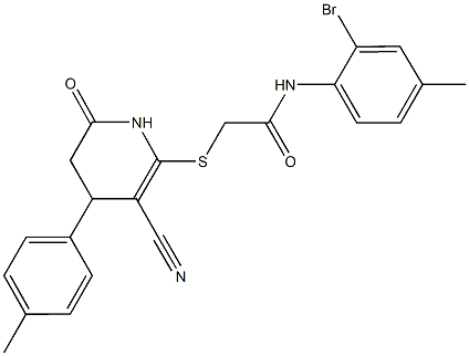 N-(2-bromo-4-methylphenyl)-2-{[3-cyano-4-(4-methylphenyl)-6-oxo-1,4,5,6-tetrahydro-2-pyridinyl]sulfanyl}acetamide 结构式