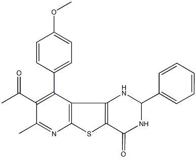 8-acetyl-9-(4-methoxyphenyl)-7-methyl-2-phenyl-2,3-dihydropyrido[3',2':4,5]thieno[3,2-d]pyrimidin-4(1H)-one 结构式