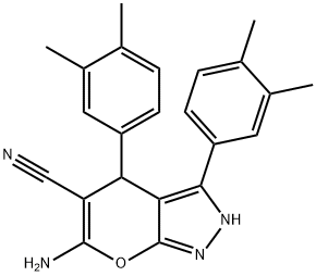 6-amino-3,4-bis(3,4-dimethylphenyl)-2,4-dihydropyrano[2,3-c]pyrazole-5-carbonitrile 结构式