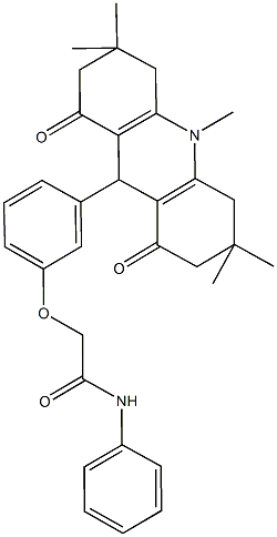 2-[3-(3,3,6,6,10-pentamethyl-1,8-dioxo-1,2,3,4,5,6,7,8,9,10-decahydro-9-acridinyl)phenoxy]-N-phenylacetamide 结构式