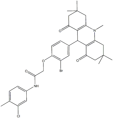 2-[2-bromo-4-(3,3,6,6,10-pentamethyl-1,8-dioxo-1,2,3,4,5,6,7,8,9,10-decahydro-9-acridinyl)phenoxy]-N-(3-chloro-4-methylphenyl)acetamide 结构式