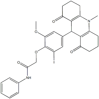 2-[2-iodo-6-methoxy-4-(10-methyl-1,8-dioxo-1,2,3,4,5,6,7,8,9,10-decahydro-9-acridinyl)phenoxy]-N-phenylacetamide 结构式