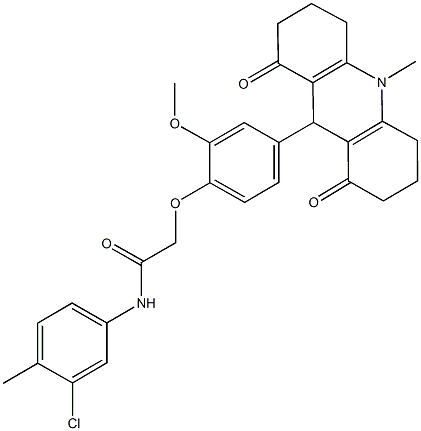 N-(3-chloro-4-methylphenyl)-2-[2-methoxy-4-(10-methyl-1,8-dioxo-1,2,3,4,5,6,7,8,9,10-decahydro-9-acridinyl)phenoxy]acetamide 结构式