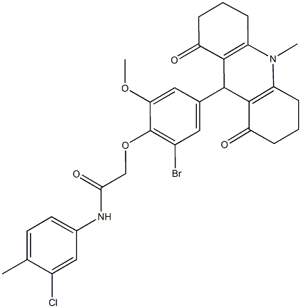 2-[2-bromo-6-methoxy-4-(10-methyl-1,8-dioxo-1,2,3,4,5,6,7,8,9,10-decahydro-9-acridinyl)phenoxy]-N-(3-chloro-4-methylphenyl)acetamide 结构式