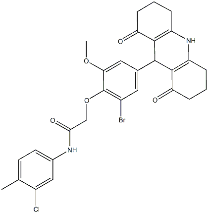 2-[2-bromo-4-(1,8-dioxo-1,2,3,4,5,6,7,8,9,10-decahydro-9-acridinyl)-6-methoxyphenoxy]-N-(3-chloro-4-methylphenyl)acetamide 结构式