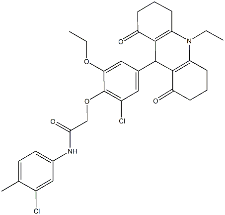 2-[2-chloro-6-ethoxy-4-(10-ethyl-1,8-dioxo-1,2,3,4,5,6,7,8,9,10-decahydro-9-acridinyl)phenoxy]-N-(3-chloro-4-methylphenyl)acetamide 结构式