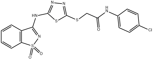 N-(4-chlorophenyl)-2-({5-[(1,1-dioxido-1,2-benzisothiazol-3-yl)amino]-1,3,4-thiadiazol-2-yl}sulfanyl)acetamide 结构式