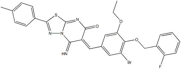 6-{3-bromo-5-ethoxy-4-[(2-fluorobenzyl)oxy]benzylidene}-5-imino-2-(4-methylphenyl)-5,6-dihydro-7H-[1,3,4]thiadiazolo[3,2-a]pyrimidin-7-one 结构式