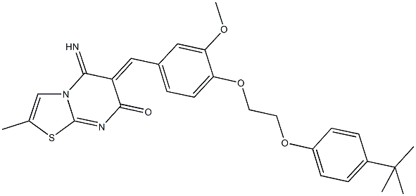 6-{4-[2-(4-tert-butylphenoxy)ethoxy]-3-methoxybenzylidene}-5-imino-2-methyl-5,6-dihydro-7H-[1,3]thiazolo[3,2-a]pyrimidin-7-one 结构式