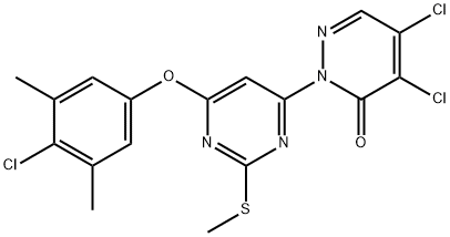 4,5-dichloro-2-[6-(4-chloro-3,5-dimethylphenoxy)-2-(methylsulfanyl)-4-pyrimidinyl]-3(2H)-pyridazinone 结构式