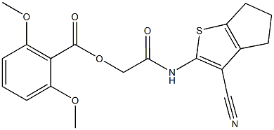 2-[(3-cyano-5,6-dihydro-4H-cyclopenta[b]thien-2-yl)amino]-2-oxoethyl 2,6-dimethoxybenzoate 结构式
