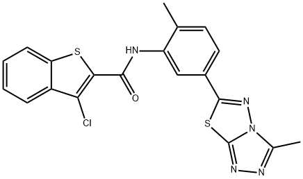3-chloro-N-[2-methyl-5-(3-methyl[1,2,4]triazolo[3,4-b][1,3,4]thiadiazol-6-yl)phenyl]-1-benzothiophene-2-carboxamide 结构式
