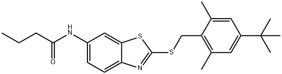 N-{2-[(4-tert-butyl-2,6-dimethylbenzyl)sulfanyl]-1,3-benzothiazol-6-yl}butanamide 结构式