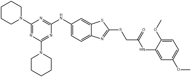 N-(2,5-dimethoxyphenyl)-2-[(6-{[4,6-di(1-piperidinyl)-1,3,5-triazin-2-yl]amino}-1,3-benzothiazol-2-yl)sulfanyl]acetamide 结构式