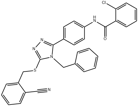 N-(4-{4-benzyl-5-[(2-cyanobenzyl)sulfanyl]-4H-1,2,4-triazol-3-yl}phenyl)-2-chlorobenzamide 结构式
