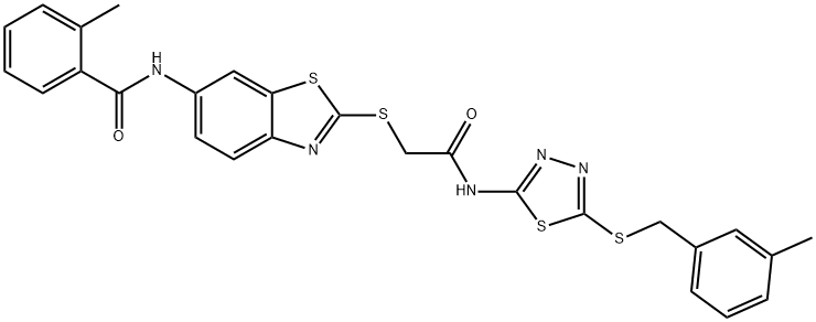 2-methyl-N-(2-{[2-({5-[(3-methylbenzyl)sulfanyl]-1,3,4-thiadiazol-2-yl}amino)-2-oxoethyl]sulfanyl}-1,3-benzothiazol-6-yl)benzamide 结构式