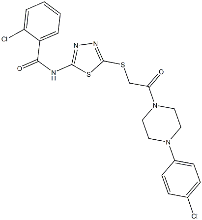 2-chloro-N-[5-({2-[4-(4-chlorophenyl)-1-piperazinyl]-2-oxoethyl}sulfanyl)-1,3,4-thiadiazol-2-yl]benzamide 结构式