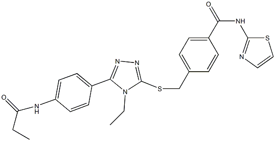 4-[({4-ethyl-5-[4-(propionylamino)phenyl]-4H-1,2,4-triazol-3-yl}sulfanyl)methyl]-N-(1,3-thiazol-2-yl)benzamide 结构式