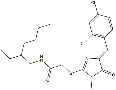 2-{[4-(2,4-dichlorobenzylidene)-1-methyl-5-oxo-4,5-dihydro-1H-imidazol-2-yl]sulfanyl}-N-(2-ethylhexyl)acetamide 结构式