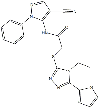 N-(4-cyano-1-phenyl-1H-pyrazol-5-yl)-2-{[4-ethyl-5-(2-thienyl)-4H-1,2,4-triazol-3-yl]sulfanyl}acetamide 结构式