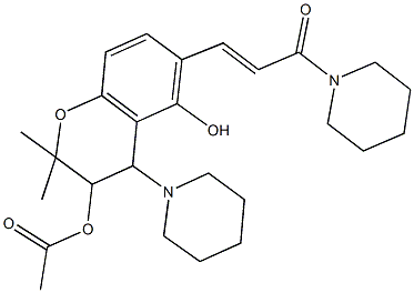 5-hydroxy-2,2-dimethyl-6-[3-oxo-3-(1-piperidinyl)-1-propenyl]-4-(1-piperidinyl)-3,4-dihydro-2H-chromen-3-yl acetate 结构式