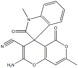 2'-amino-1,7'-dimethyl-1,3-dihydro-2,5'-dioxospiro(2H-indole-3,4'-4'H,5'H-pyrano[4,3-b]pyran)-3'-carbonitrile 结构式