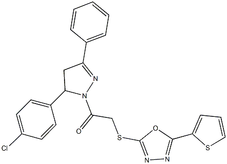 2-[5-(4-chlorophenyl)-3-phenyl-4,5-dihydro-1H-pyrazol-1-yl]-2-oxoethyl 5-(2-thienyl)-1,3,4-oxadiazol-2-yl sulfide 结构式