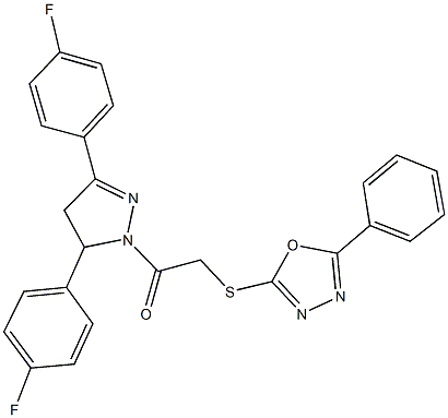 2-[3,5-bis(4-fluorophenyl)-4,5-dihydro-1H-pyrazol-1-yl]-2-oxoethyl 5-phenyl-1,3,4-oxadiazol-2-yl sulfide 结构式