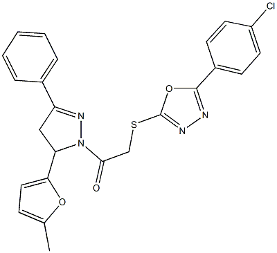 2-(4-chlorophenyl)-5-({2-[5-(5-methyl-2-furyl)-3-phenyl-4,5-dihydro-1H-pyrazol-1-yl]-2-oxoethyl}sulfanyl)-1,3,4-oxadiazole 结构式