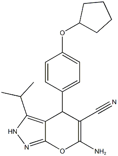 6-amino-4-[4-(cyclopentyloxy)phenyl]-3-isopropyl-2,4-dihydropyrano[2,3-c]pyrazole-5-carbonitrile 结构式