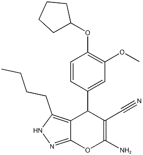 6-amino-3-butyl-4-[4-(cyclopentyloxy)-3-methoxyphenyl]-2,4-dihydropyrano[2,3-c]pyrazole-5-carbonitrile 结构式