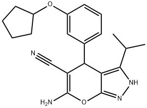 6-amino-4-[3-(cyclopentyloxy)phenyl]-3-isopropyl-2,4-dihydropyrano[2,3-c]pyrazole-5-carbonitrile 结构式