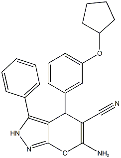 6-amino-4-[3-(cyclopentyloxy)phenyl]-3-phenyl-2,4-dihydropyrano[2,3-c]pyrazole-5-carbonitrile 结构式