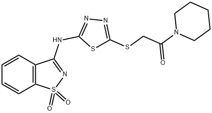 N-(1,1-dioxido-1,2-benzisothiazol-3-yl)-N-(5-{[2-oxo-2-(1-piperidinyl)ethyl]sulfanyl}-1,3,4-thiadiazol-2-yl)amine 结构式
